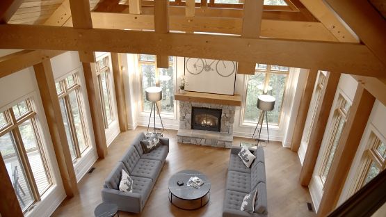 Looking down into the living room of a cottage
